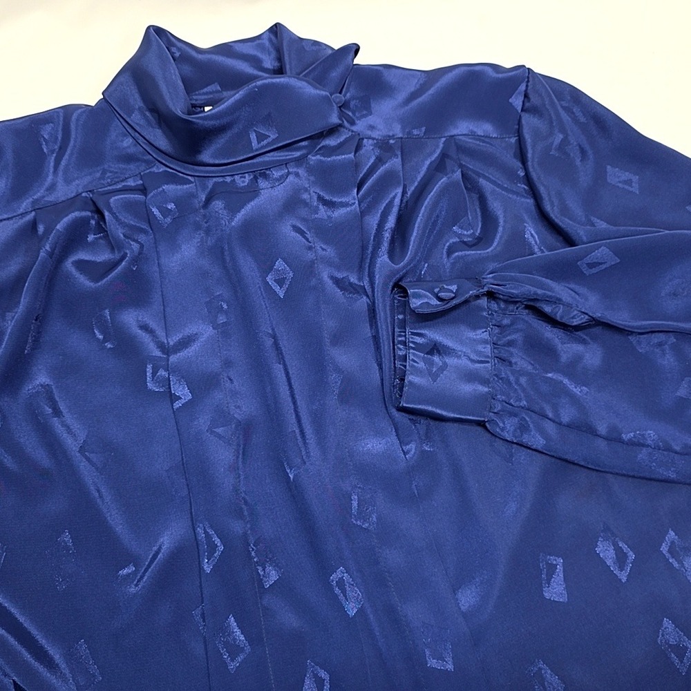 Peters & Ashley Blouse Womens 12 Royal Blue Satin Jacquard Vintage High Neck Top
